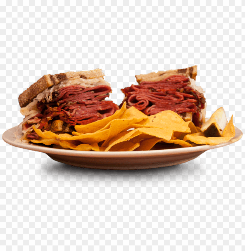 sandwich, pastrami, rye bread, potato chips, snack, deli food, savory