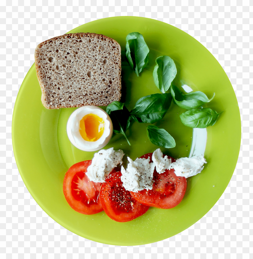 breakfast, bread slice, ripe tomato, fresh basil, soft-boiled egg, healthy snacks, colorful plate