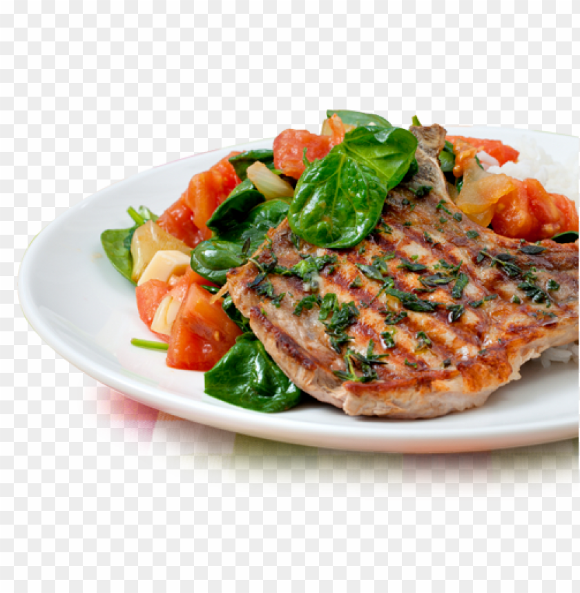 grilled pork chop, fresh spinach, diced tomatoes, sautéed vegetables, white rice, healthy meal, colorful plate