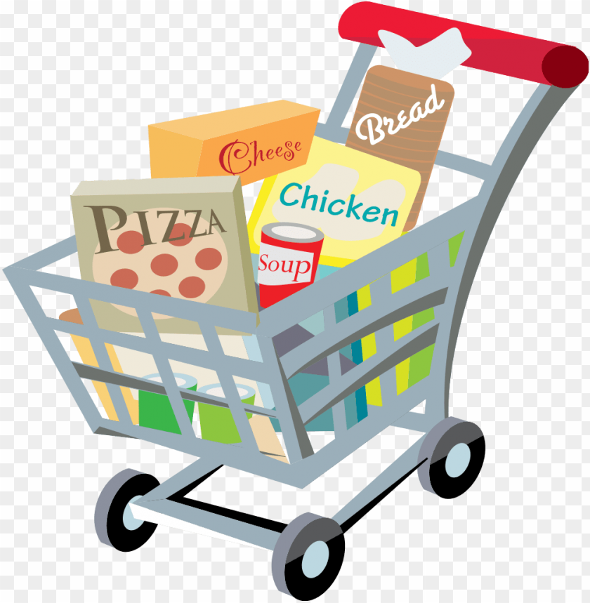 grocery cart, pizza, bread, cheese, chicken, soup, shopping