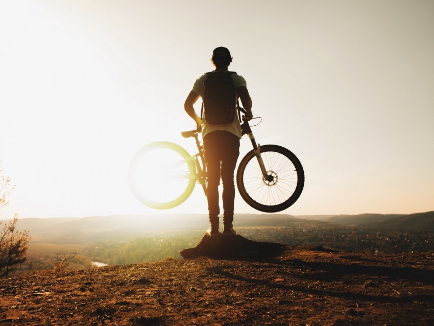 guy, bike, sun, mountains, active