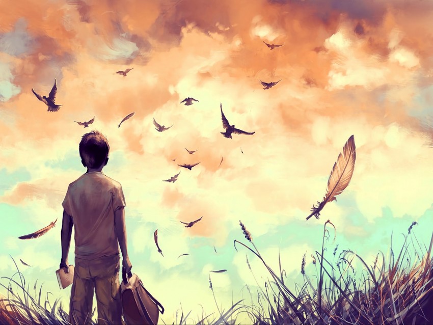 guy, birds, art, loneliness, solitude