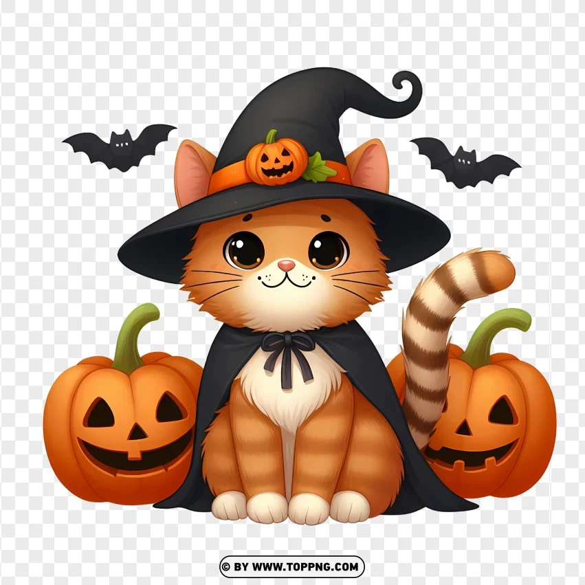 Cute orange cat wearing a witch hat and black cape, surrounded by jack-o'-lanterns and flying bats, with a Halloween theme on a transparent background