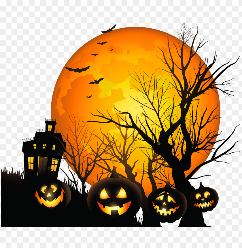 Halloween, pumpkins, spooky house, full moon, bats, autumn trees, orange sky