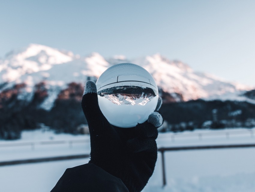 hand, ball, glass, mountains, optical illusion