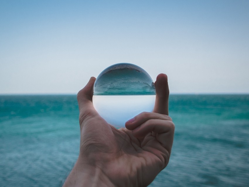 hand, ball, glass, reflection, distortion, sea