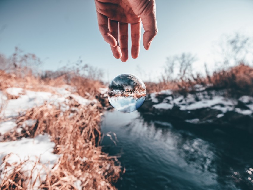 hand, ball, glass, transparent, winter, snow