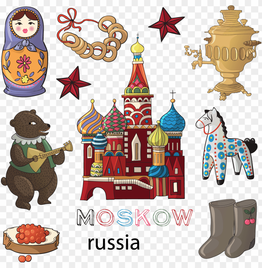 Colorful Moscow-themed icons including a bear, matryoshka, and Saint Basil's Church PNG