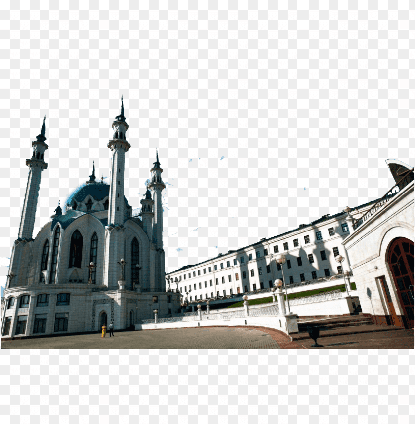 Stunning architectural view of a mosque with blue dome and tall minarets PNG