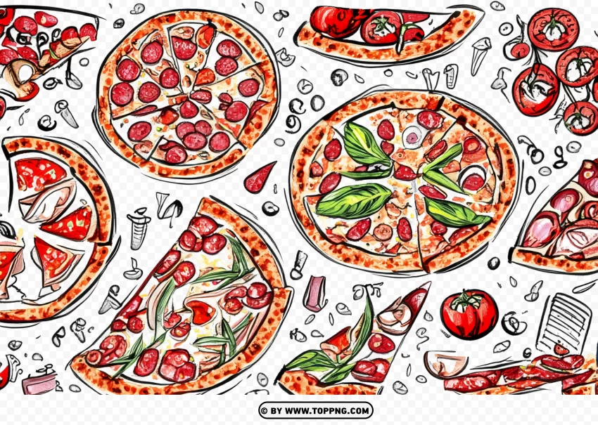 Hand Drawn Pizza Toppings Doodle Vector PNG Transparent Background