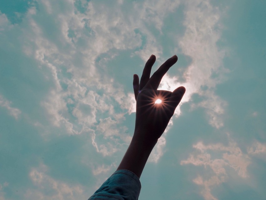 hand, fingers, sun, sun rays, sky, gesture