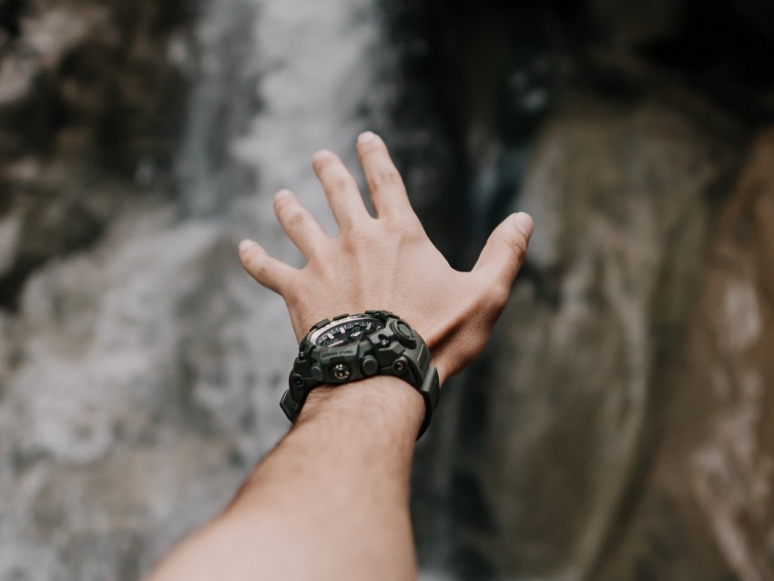 Hand Fingers Wrist Watches Waterfall Background