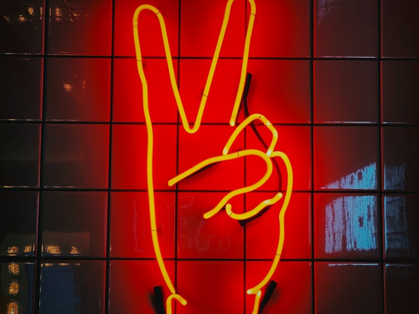 hand, gesture, peace, neon, sign, glow