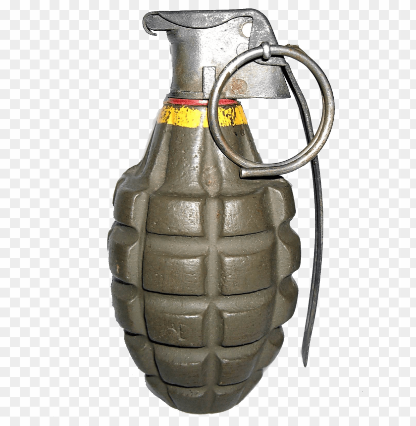 Hand grenade with a metal pin, set against a transparent background.