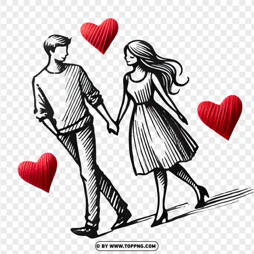 Hand-in-hand Couple Walking With Heart Accents PNG Transparent Background