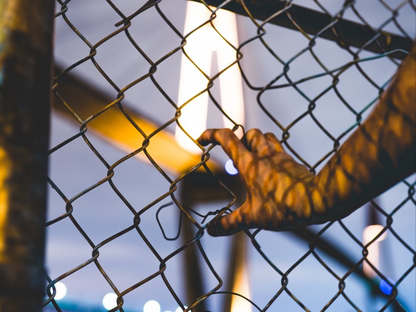 hand, mesh, fence, night