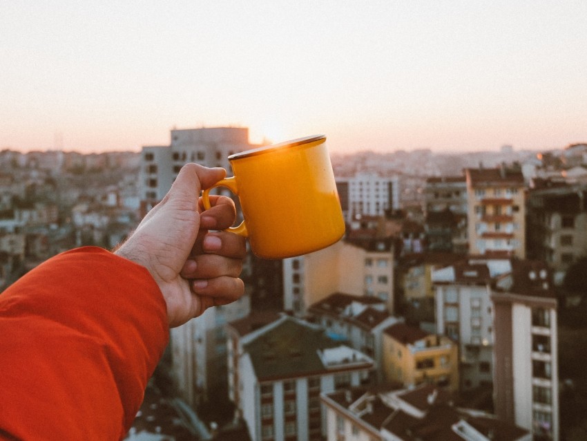 Hand Mug City Roofs Sundawn Rising Sun Background