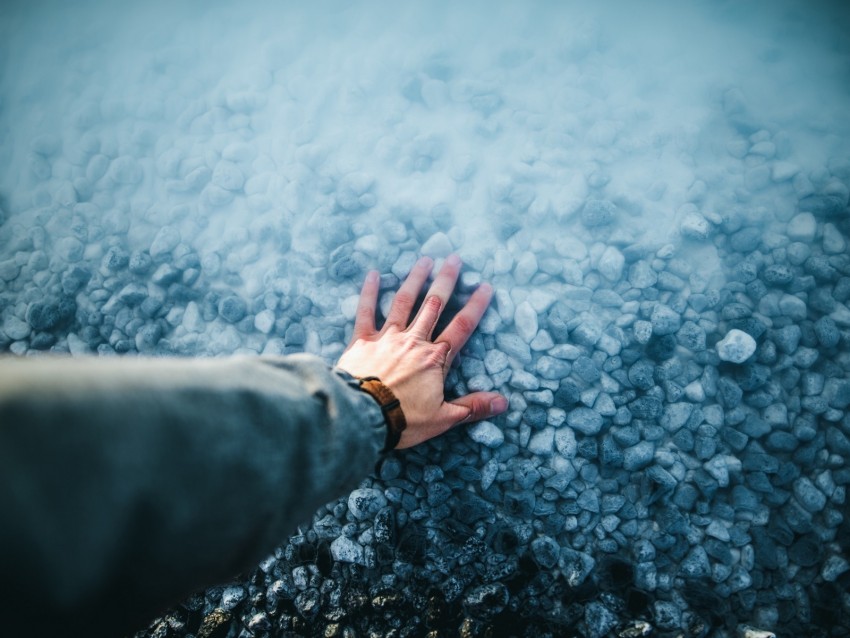 hand, water, stones, bottom