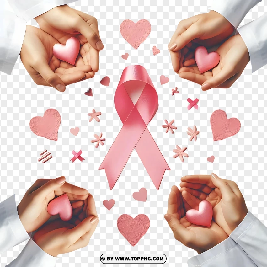 Hands Forming Hearts Around A Pink Ribbon Symbol PNG Transparent Background