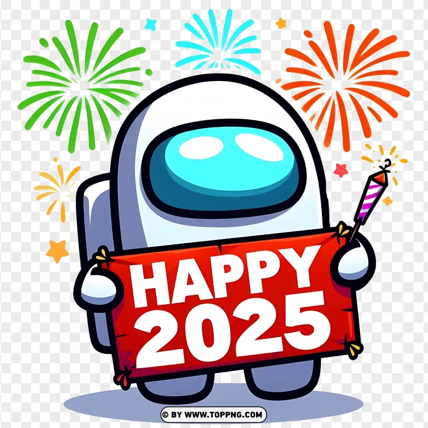 Happy 2025 Among Us Character With Fireworks And Sign PNG Transparent Background