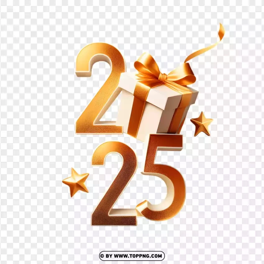 Happy 2025 In Golden Volumetric 3d With A Gift Box PNG Transparent Background