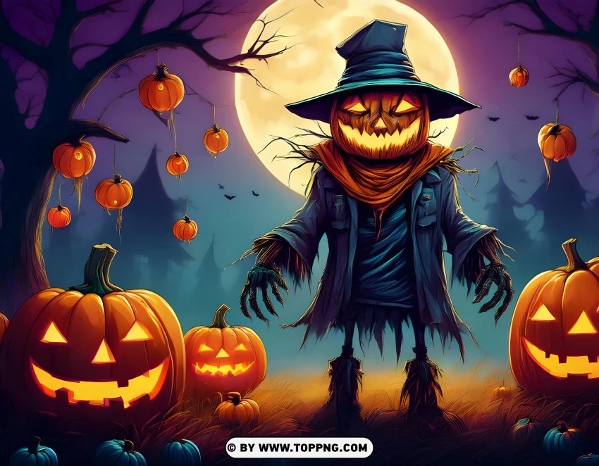 happy Halloween wallpaper, spooky scarecrow, Halloween pumpkins, eerie full moon, haunted Halloween scene, creepy scarecrow, Halloween night