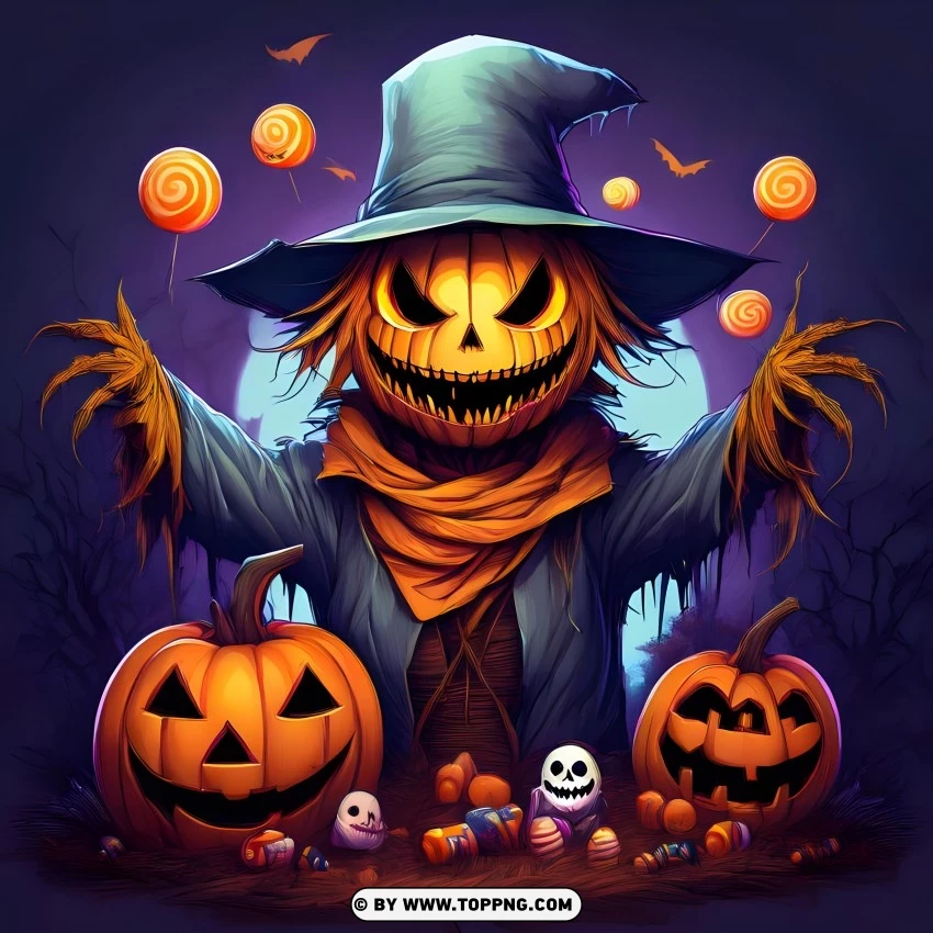 happy Halloween wallpaper, spooky scarecrow, Halloween pumpkins, eerie full moon, haunted Halloween scene, creepy scarecrow, Halloween night