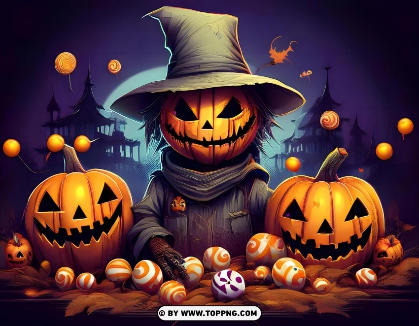 happy Halloween wallpaper, spooky scarecrow, Halloween pumpkins, eerie full moon, haunted Halloween scene, creepy scarecrow, Halloween night