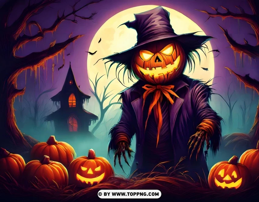 happy Halloween wallpaper, spooky scarecrow, Halloween pumpkins, eerie full moon, haunted Halloween scene, creepy scarecrow, Halloween night