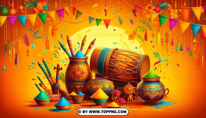 Happy Holi Displaying Drums Pots Water Guns And A Festive Setup PNG Transparent Background