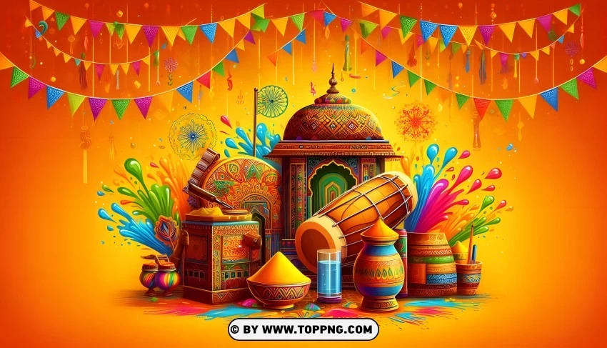 Happy Holi Showing A Drum Bursting With Colors And Colorful Flags PNG Transparent Background