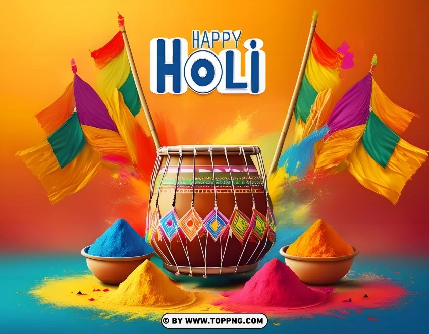 Happy Holi With A Drum Splashing Colors And Colorful Powders PNG Transparent Background