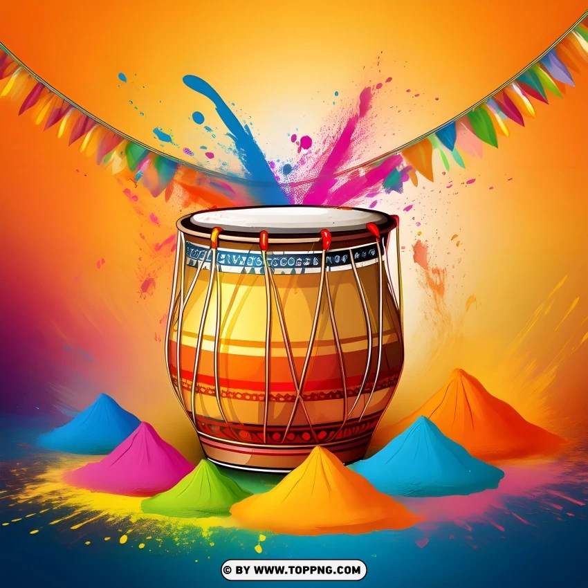 Happy Holi With A Pot Of Yellow Powder Flags And A Water Gun PNG Transparent Background