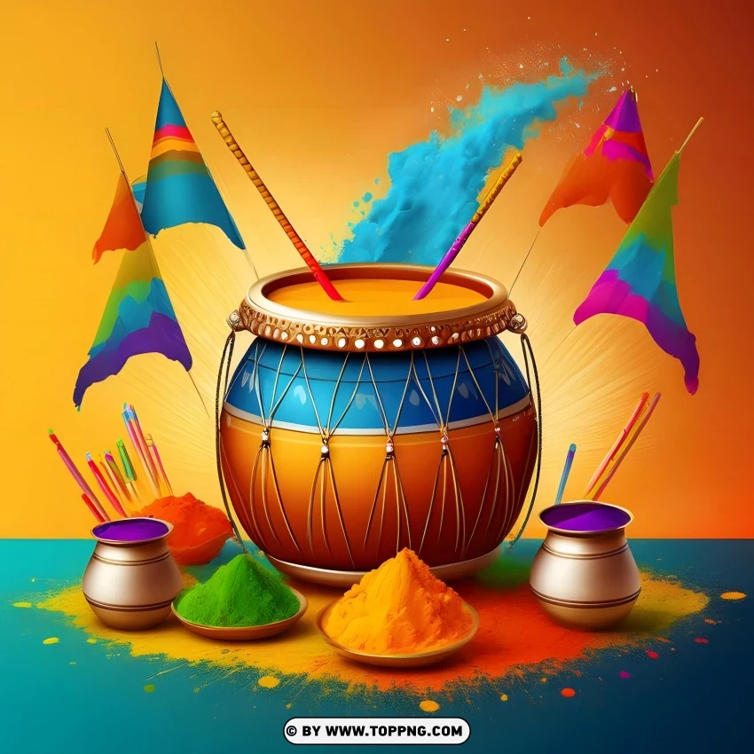 Happy Holi Wallpaper Displaying Decorated Drums Pots With Colorful Powders Pichkaris And Flags With A Sunburst Effect PNG Transparent Background