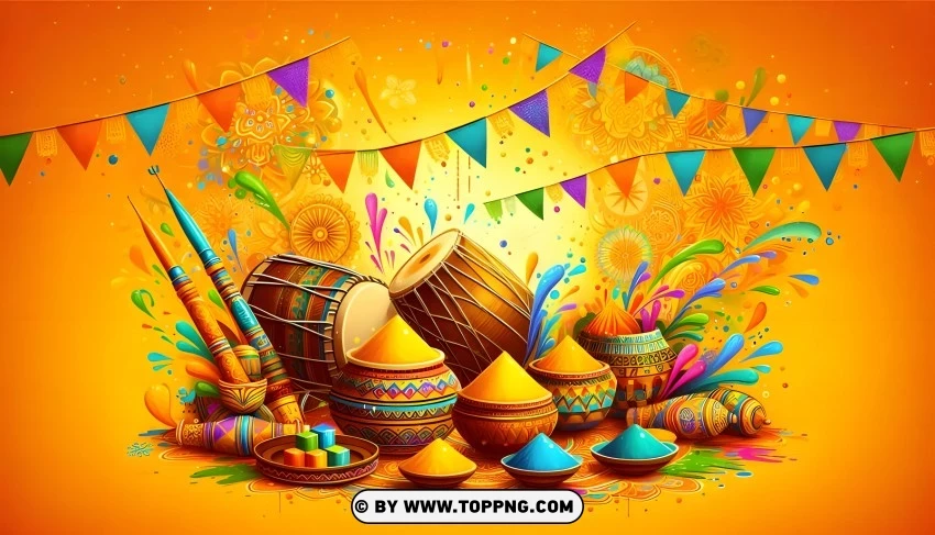 Happy Holi Wallpaper Featuring A Decorated Drum A Pot With Colored Powder Flags And Pichkaris On A Blue PNG Transparent Background