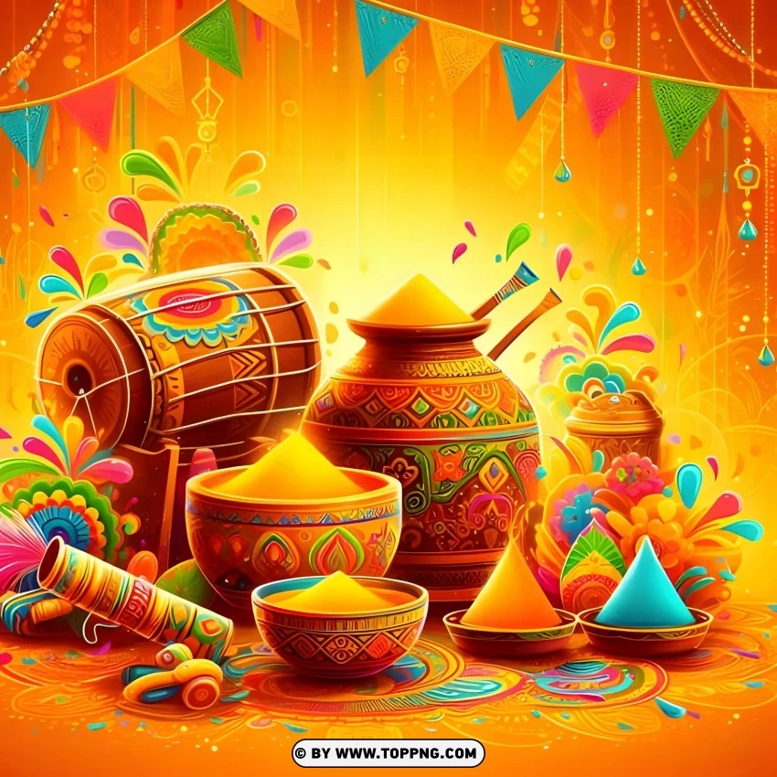 Happy Holi Wallpaper Featuring A Decorated Drum Pots With Colorful Powders And Flags In A Festive Setting PNG Transparent Background