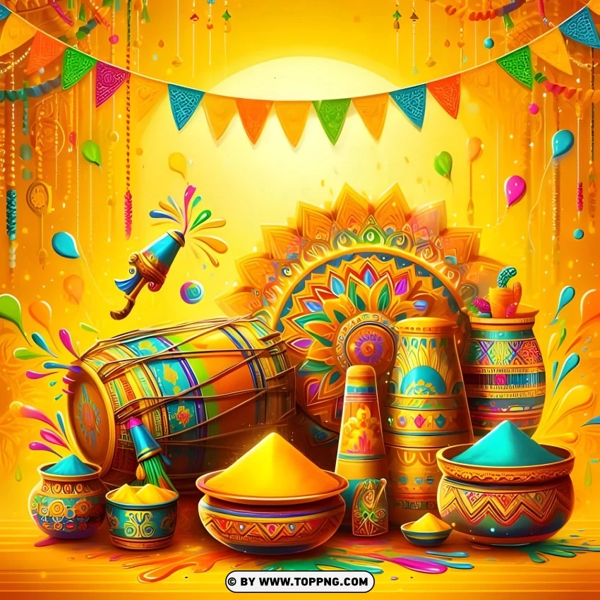 Happy Holi Wallpaper Featuring A Drum With Flags Pichkaris And Piles Of Colored Powders PNG Transparent Background