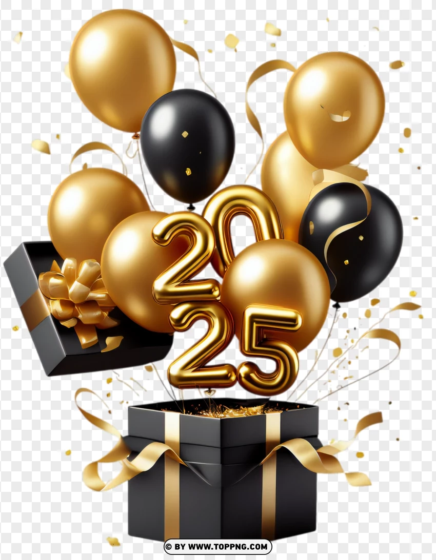 Happy New Year 2025 Celebration With Gold Balloons And Black Gift Box PNG Transparent Background