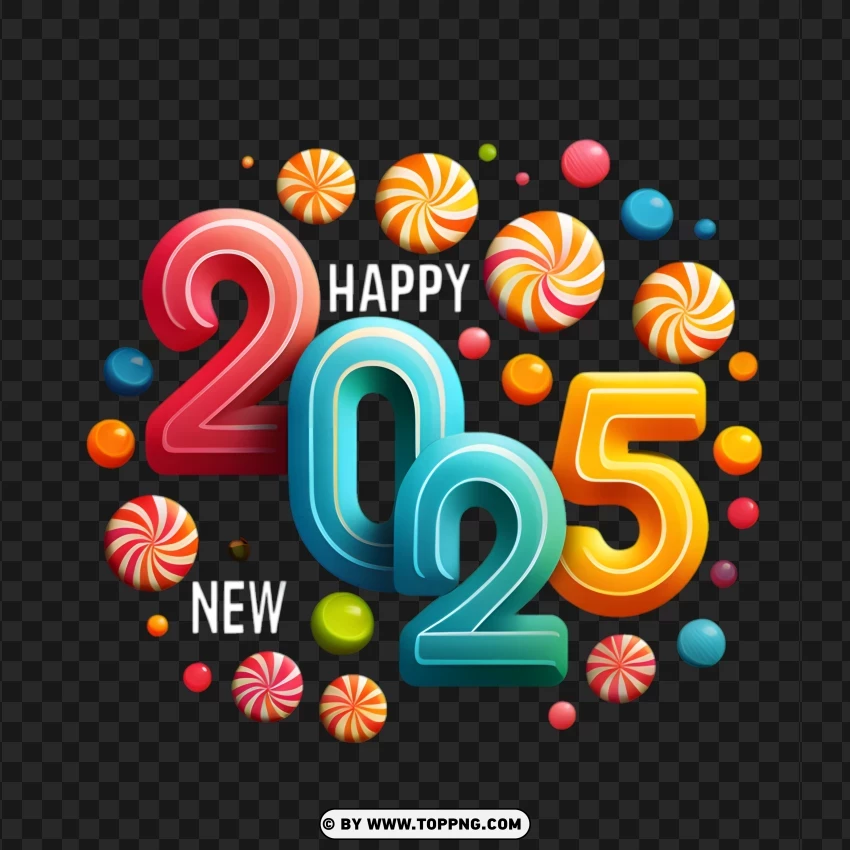 Happy New Year 2025 Colorful Candy Theme 3d Design PNG Transparent Background