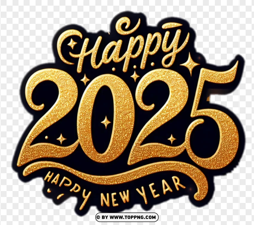 Happy New Year 2025 Gold Glitter Text PNG Transparent Background