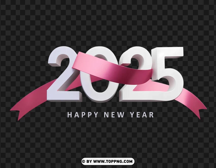 Happy New Year 2025 White And Pink Ribbon Lettering PNG Transparent Background