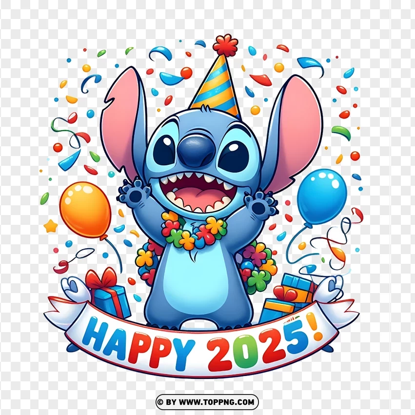 Happy New Year 2025 With Stitch In Party Mode PNG Transparent Background