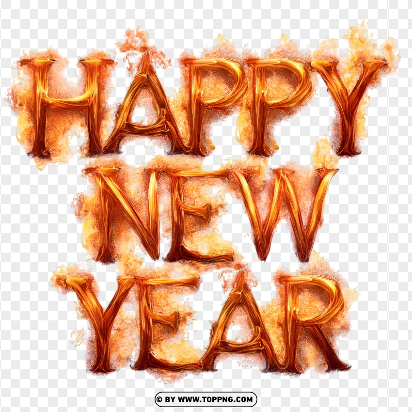 Happy New Year Typography In Flame Style PNG Transparent Background