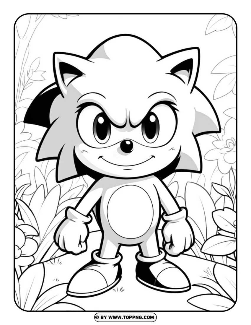 Happy Sonic The Hedgehog In Garden Scene Coloring Page PNG Transparent Background