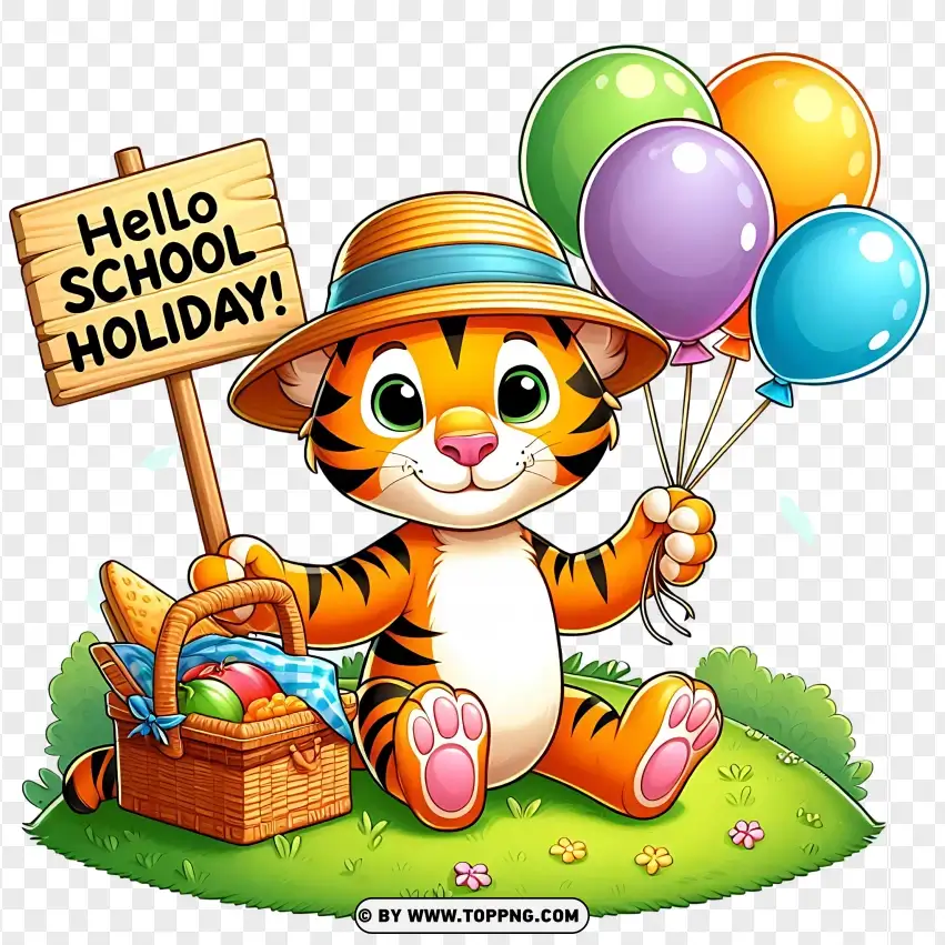 Happy Tiger With Balloons And Beach Gear Hello School Holiday Clipart PNG Transparent Background