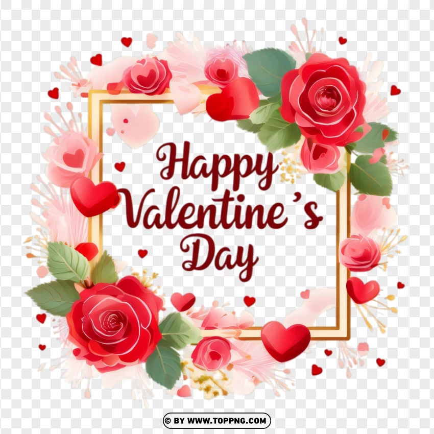 Happy Valentines Day Floral Frame With Roses And Hearts PNG Transparent Background