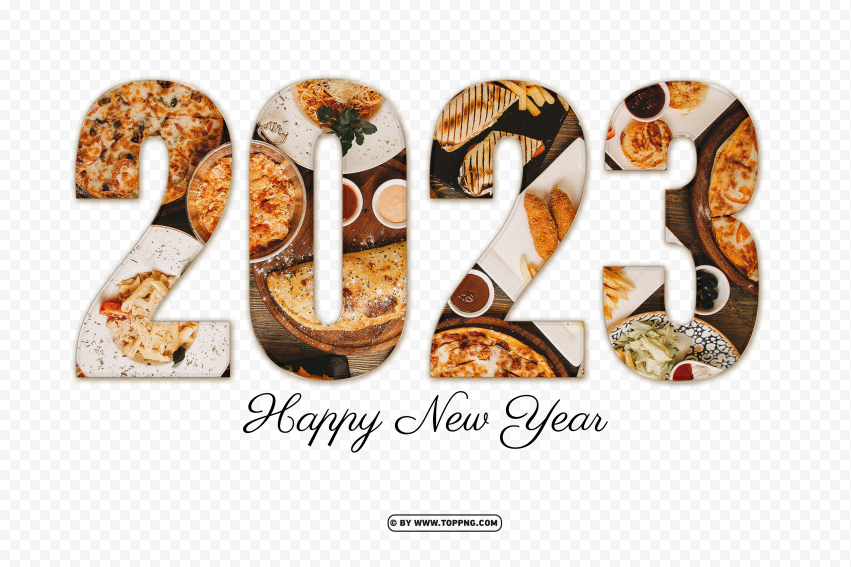 Hd 2023 Happy New Year Numbers With Foods Design PNG Transparent Background