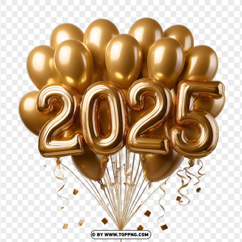 Hd Gold 2025 Balloons With Confetti And Ribbon PNG Transparent Background