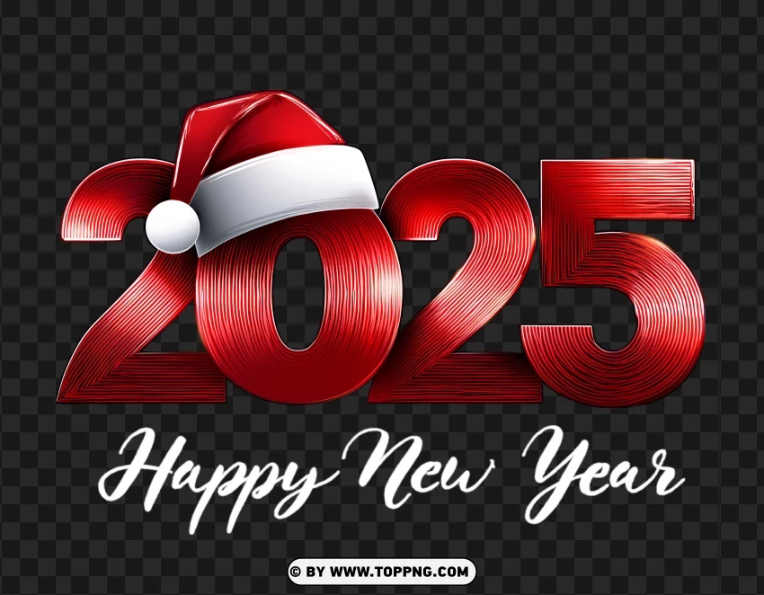 Hd 2025 Happy New Year Red Numbers With Santa Hat PNG Transparent Background