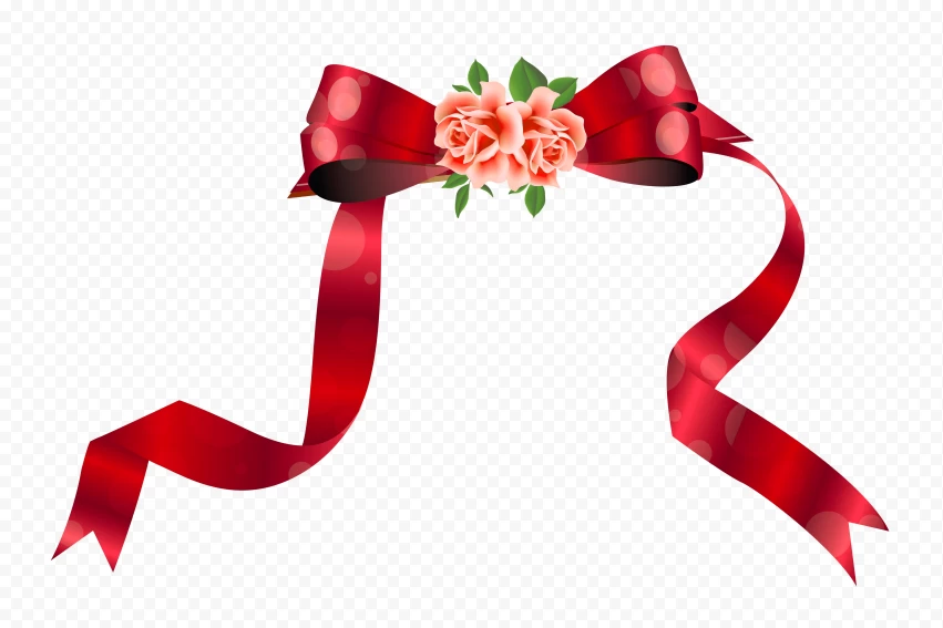 Hd Illustration Red Ribbon Bow With Roses Flowers PNG Transparent Background